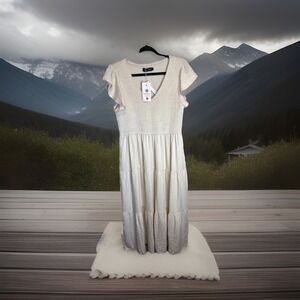 MEROKEETY Smocked Midi Dress Cream Flutter Sleeve Boho Cottagecore XL